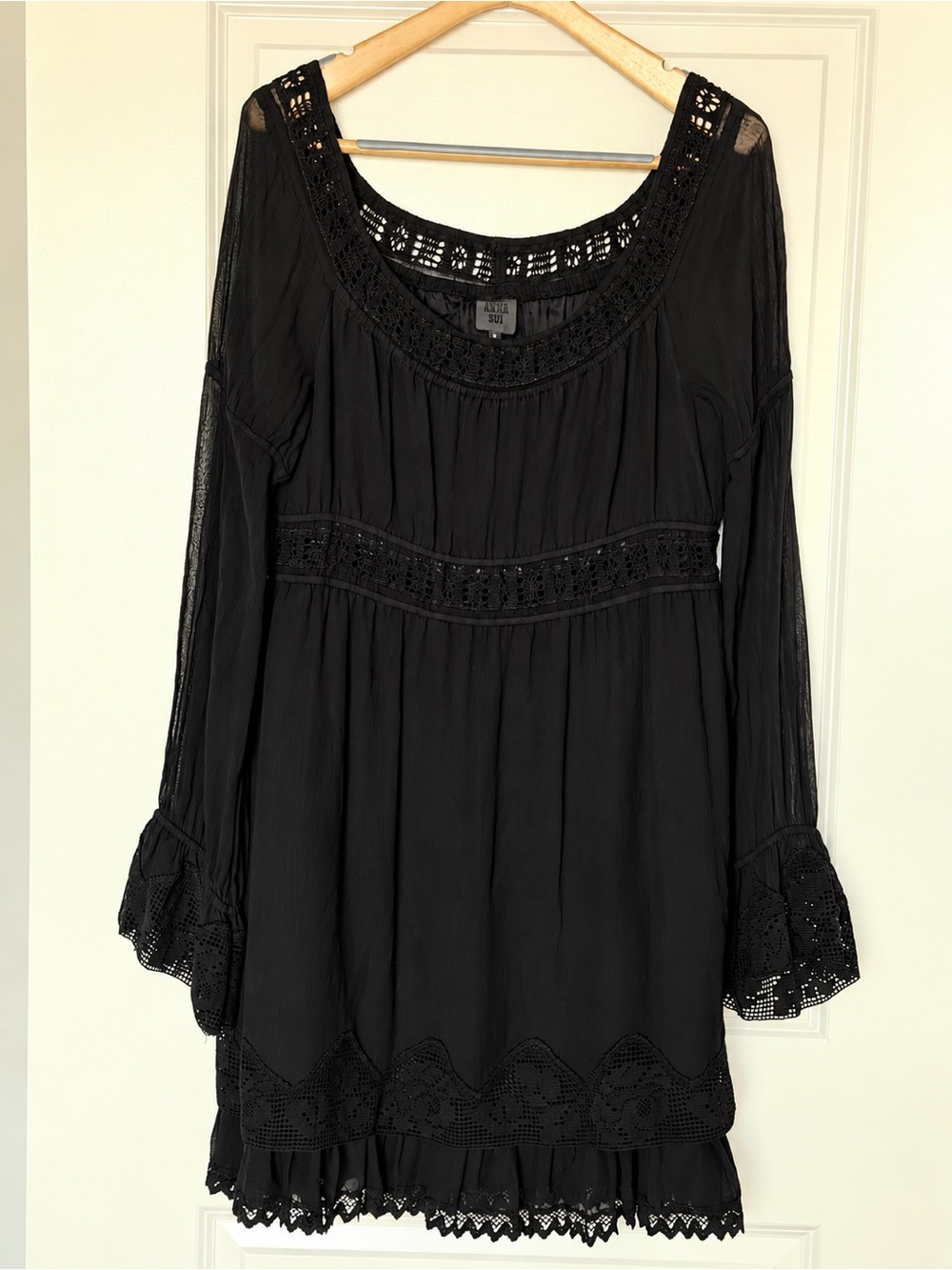 Anna Sui Black Lace Inset Boho Peasant Dress S Fits M